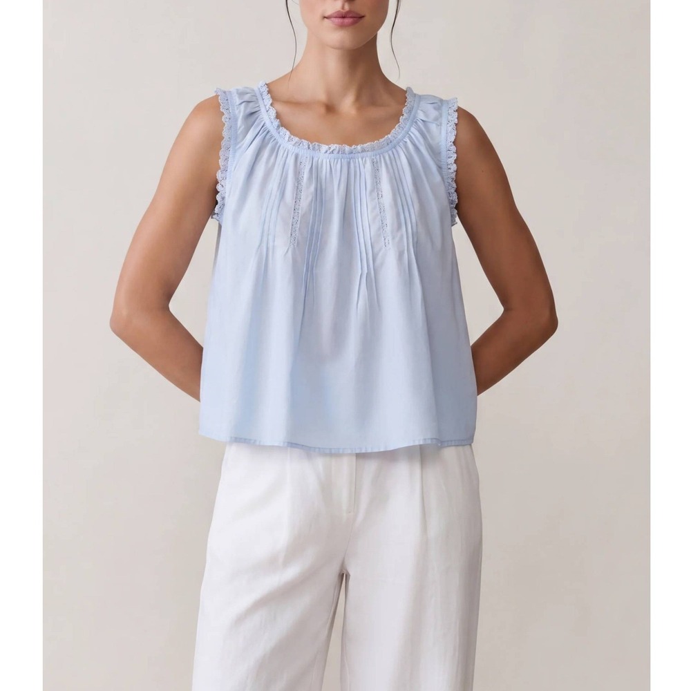 NWT Sorella Violetta Lace Trim 100% Cotton Top in Light Blue - Size Small